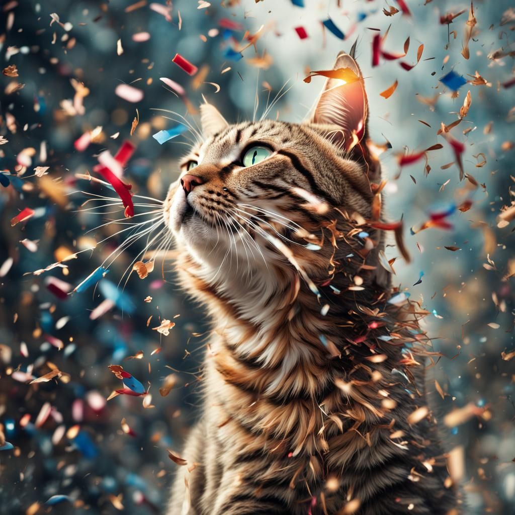 Hyperrealistic Cat Reaching for Confetti