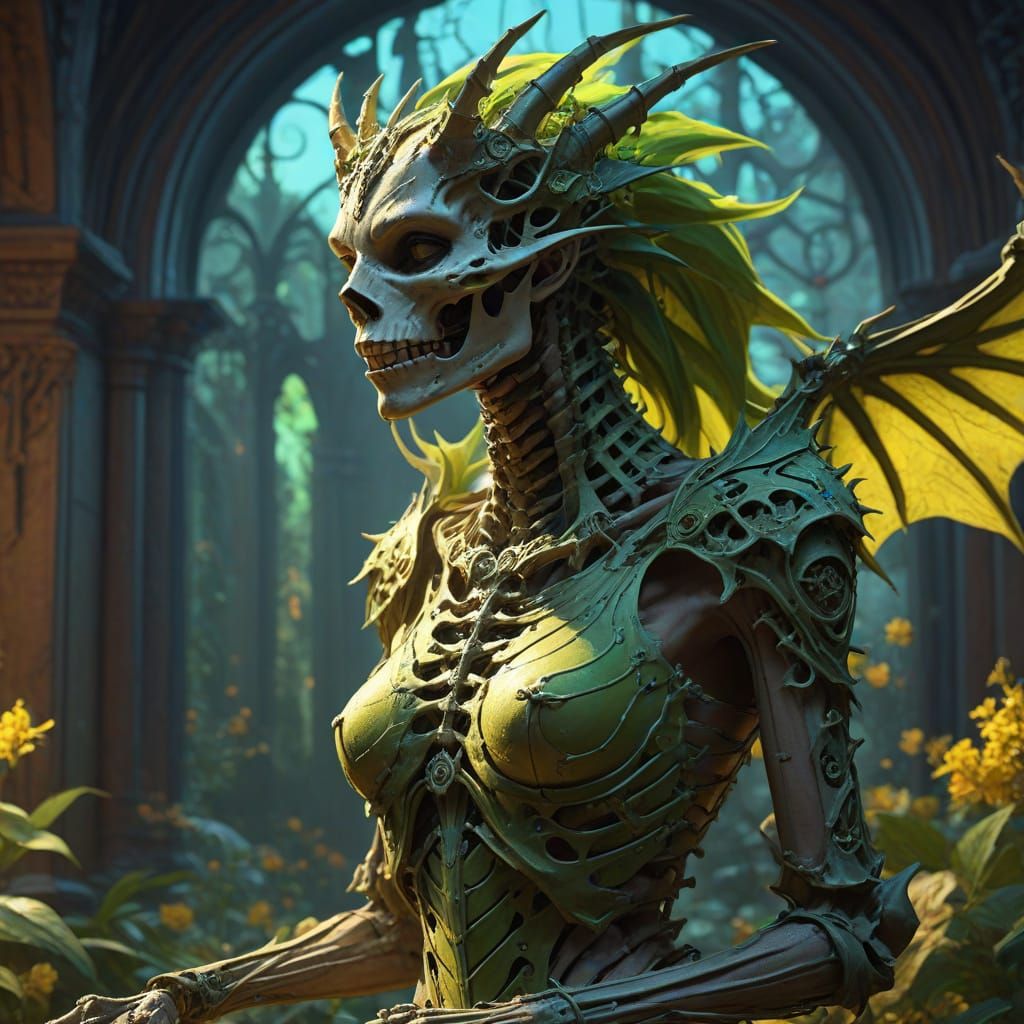 Dragon Skeleton and Evil Fairy Double Exposure Portrait