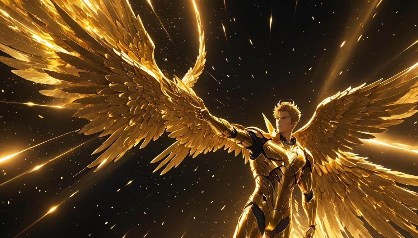Golden Angel Soaring Through Cosmos in Anime Style
