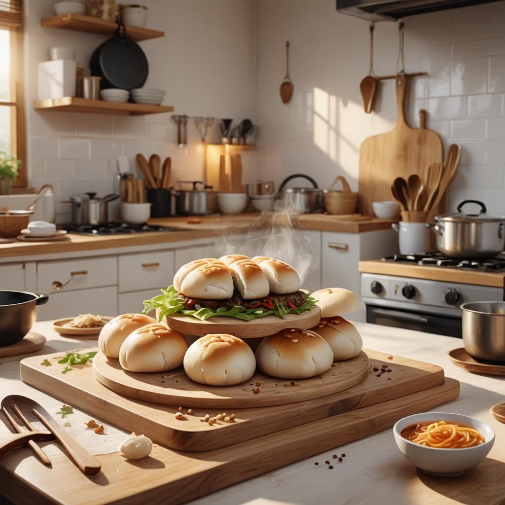 Steamed Bao: Vibrant Digital Art in Cozy Kitchen
