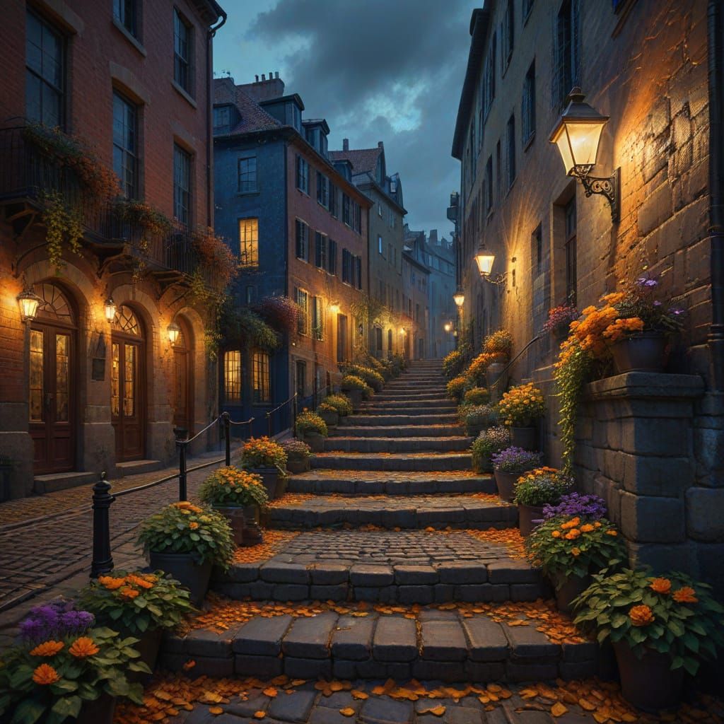 Autumn Staircase Scene in Expressive Impressionism