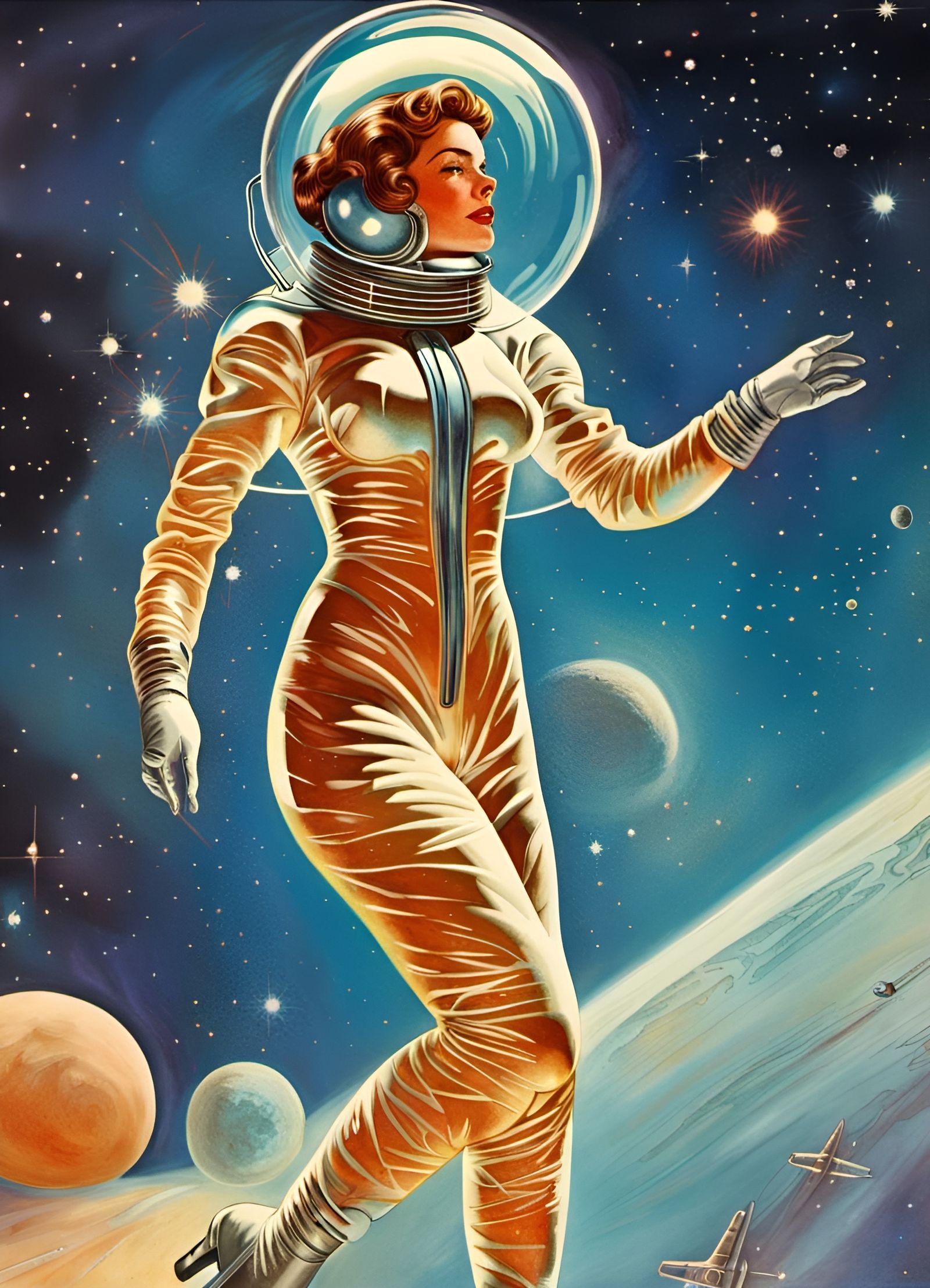 Retro Sci-Fi Space Woman in Universe