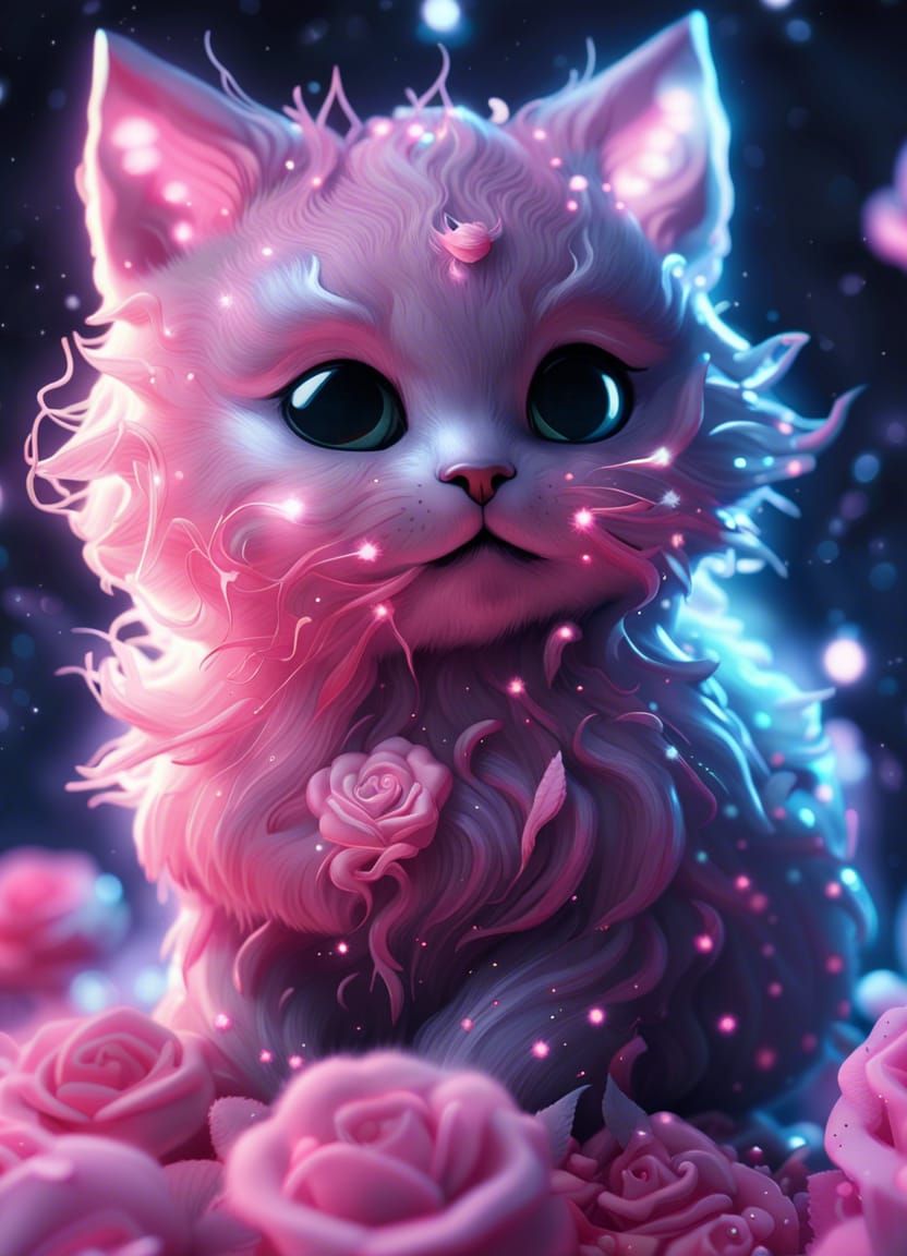 Constellation Kitten on Luminescent Roses, 3D Render