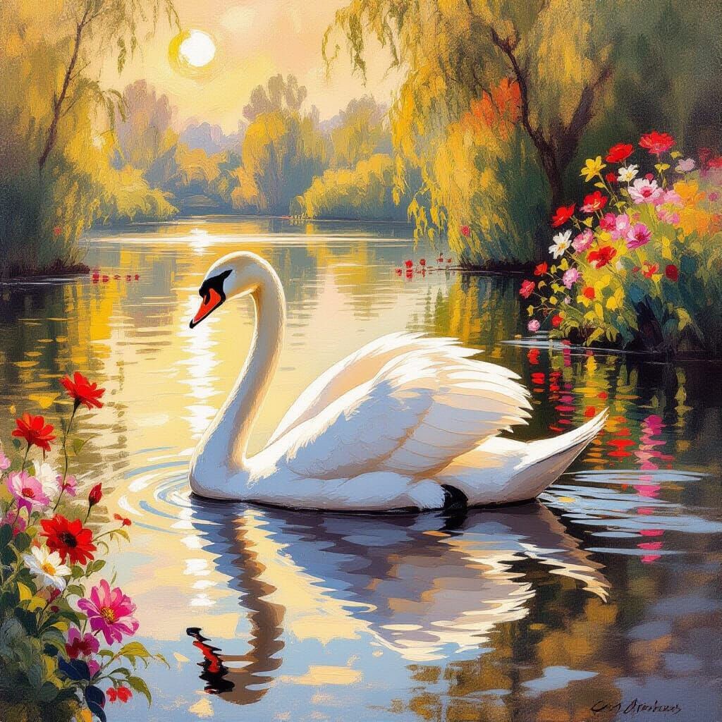 Majestic Swan on Tranquil Lake in Golden Hour Light