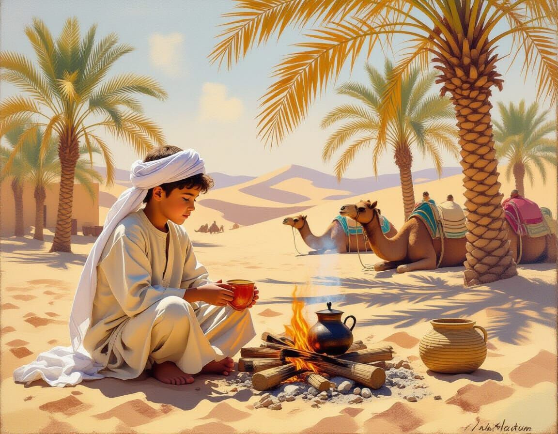 Young Boy Makes Bedouin Tea in Desert Landscape