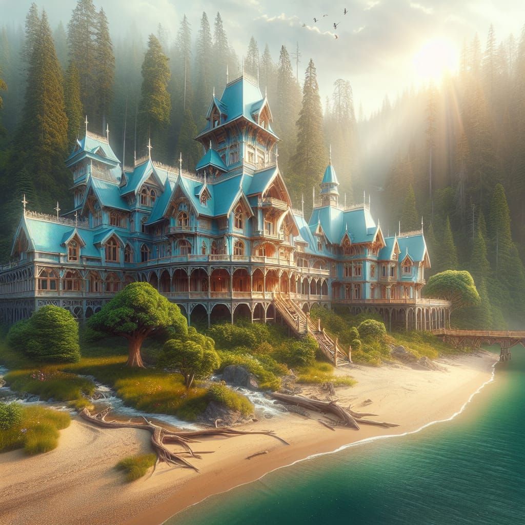 Majestic Light Blue Victorian Mansion Amidst a Dreamlike For...