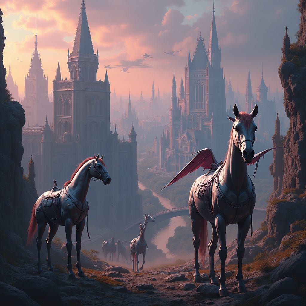 Gothic Metropolis with Android Steeds and Winged Giraffes in...