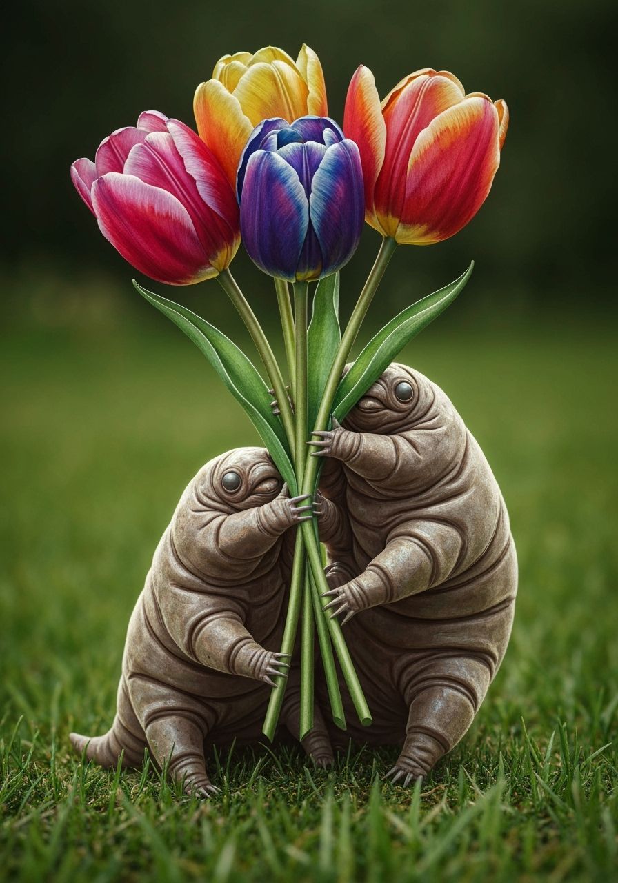 Tardigrade Holding Watercolor Tulips with Metallic Highlight...