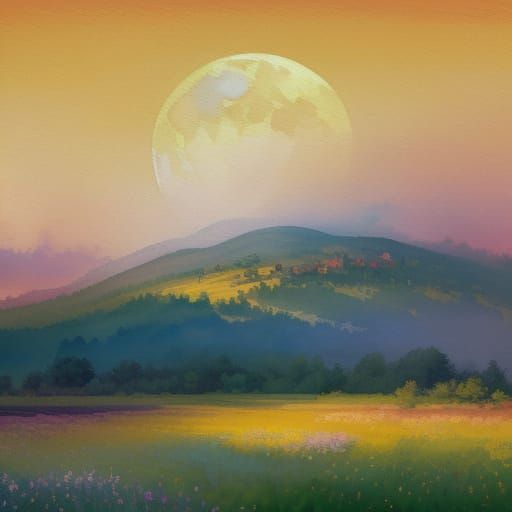 Gigantic Moon Over Breathtaking Landscape in Impressionist G...