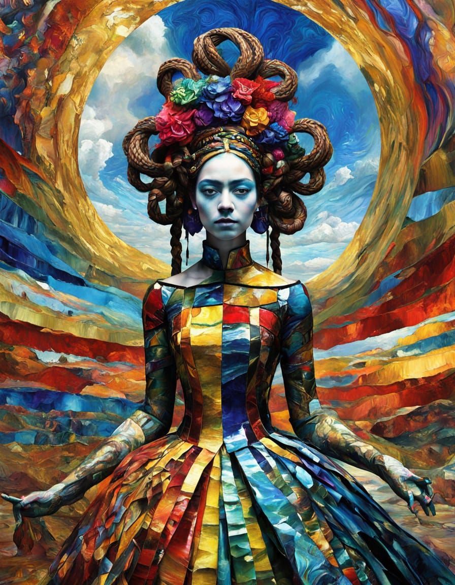 Goddess Woman with Ribboned Braids in Psychedelic Landscape