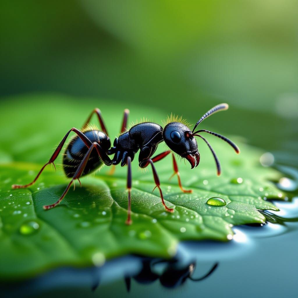 Hyper-Realistic Ant on Leaf in Calm River: Macro Photo