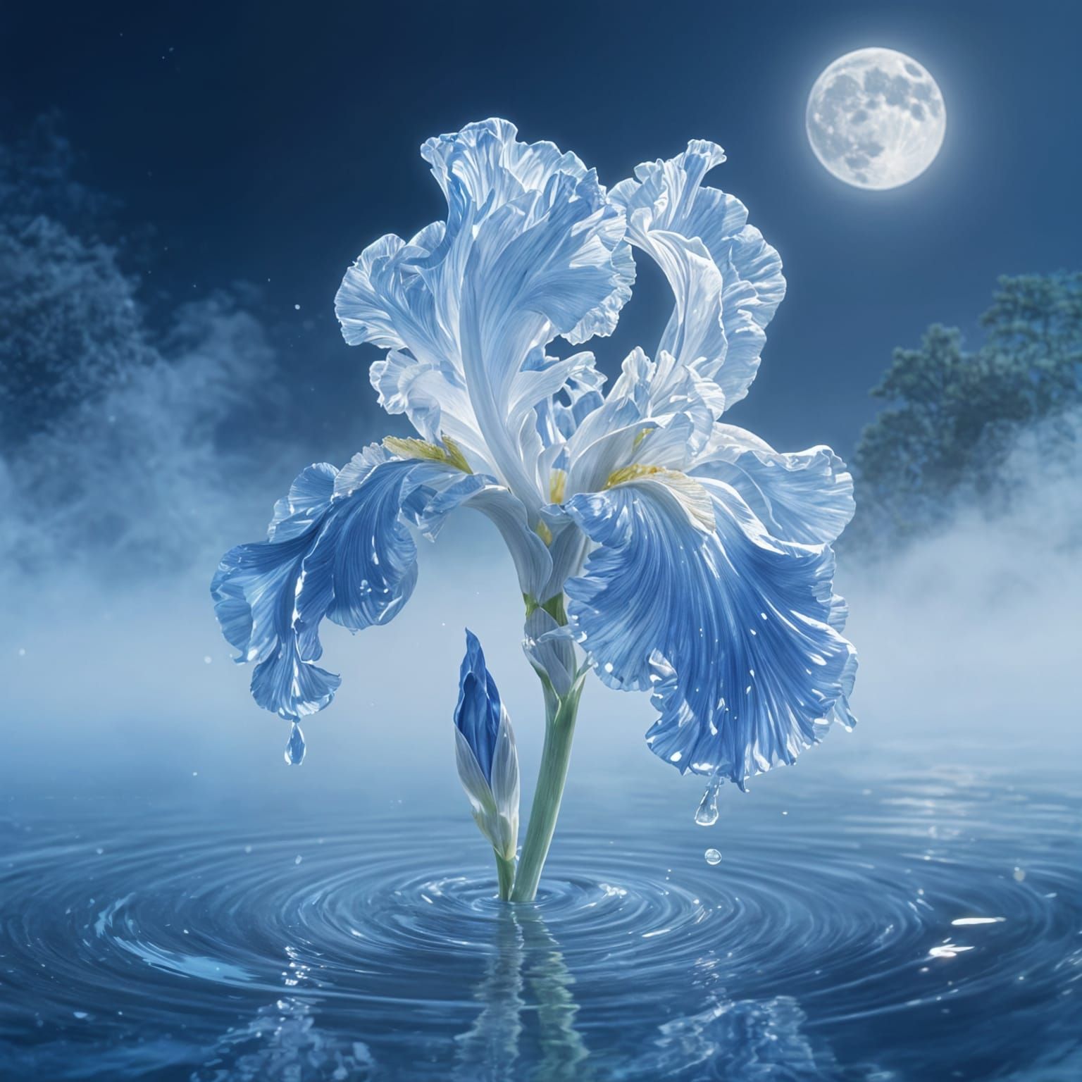 Ethereal Water Iris with Moon Background
