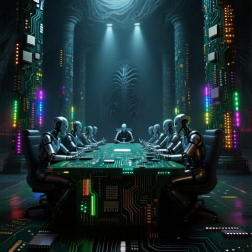 Menacing Androids Convene in Cyberpunk PCB Hall
