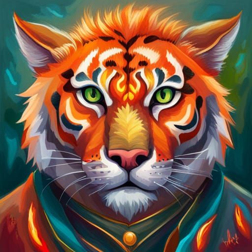 Anthropomorphic Fire Tiger Mage Oil Painting