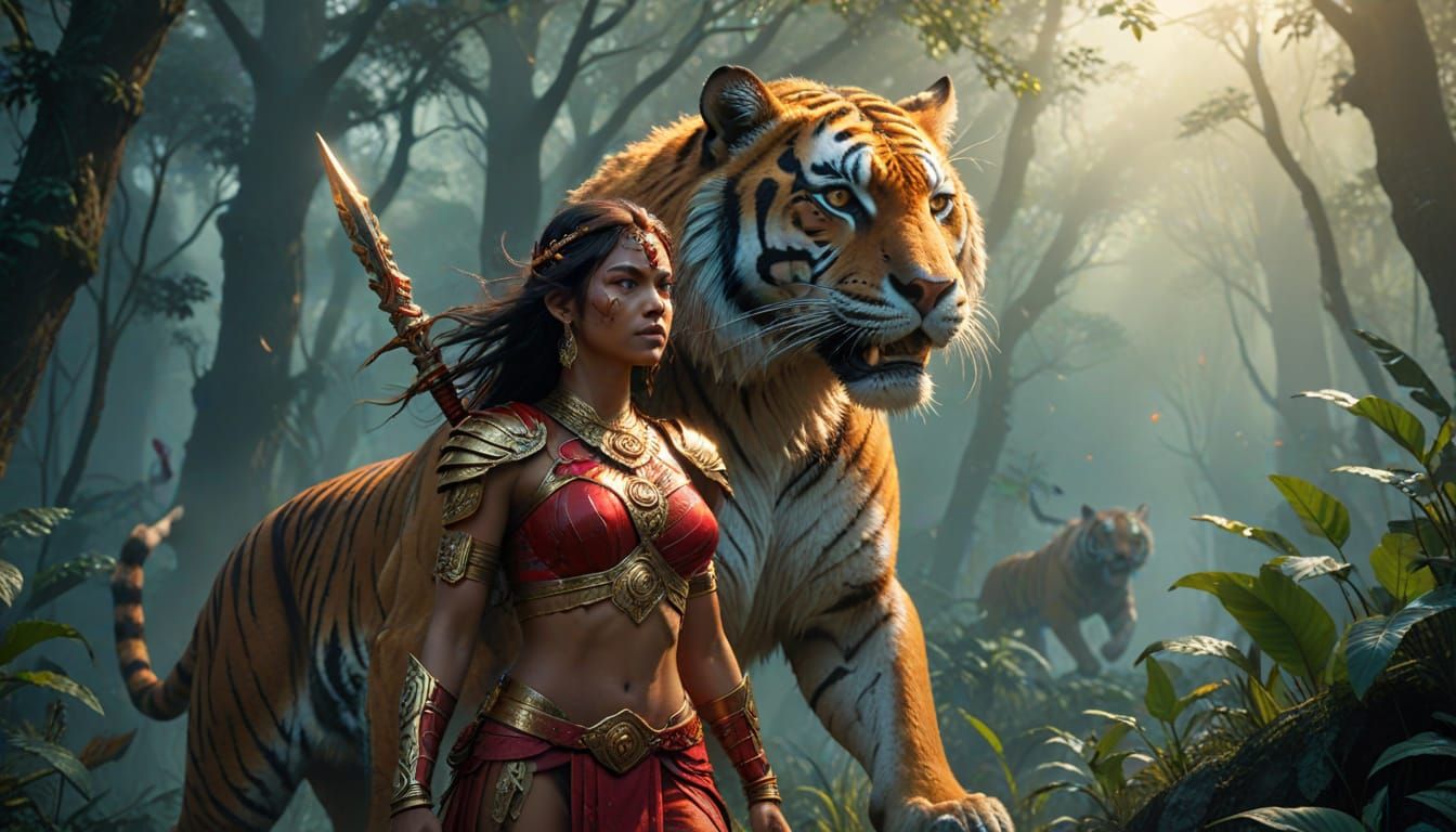 Majestic Indian Warrior Princess Rides Tiger through Misty J...