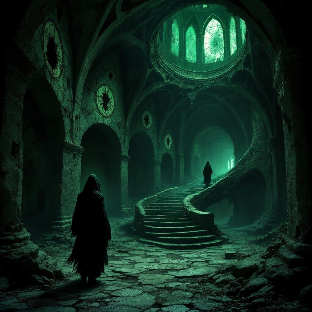 Eerie Green Labyrinth with Gothic Arches