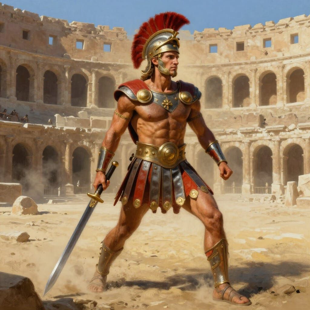Gladiator Battle in Sun-Drenched Colosseum