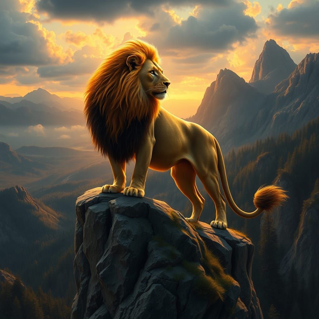 Lion Overlooking Wilderness in Classical Painting Style