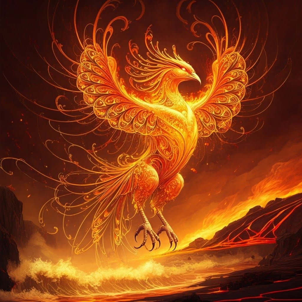 Blazing Red Fire Phoenix Art Nouveau Digital Painting