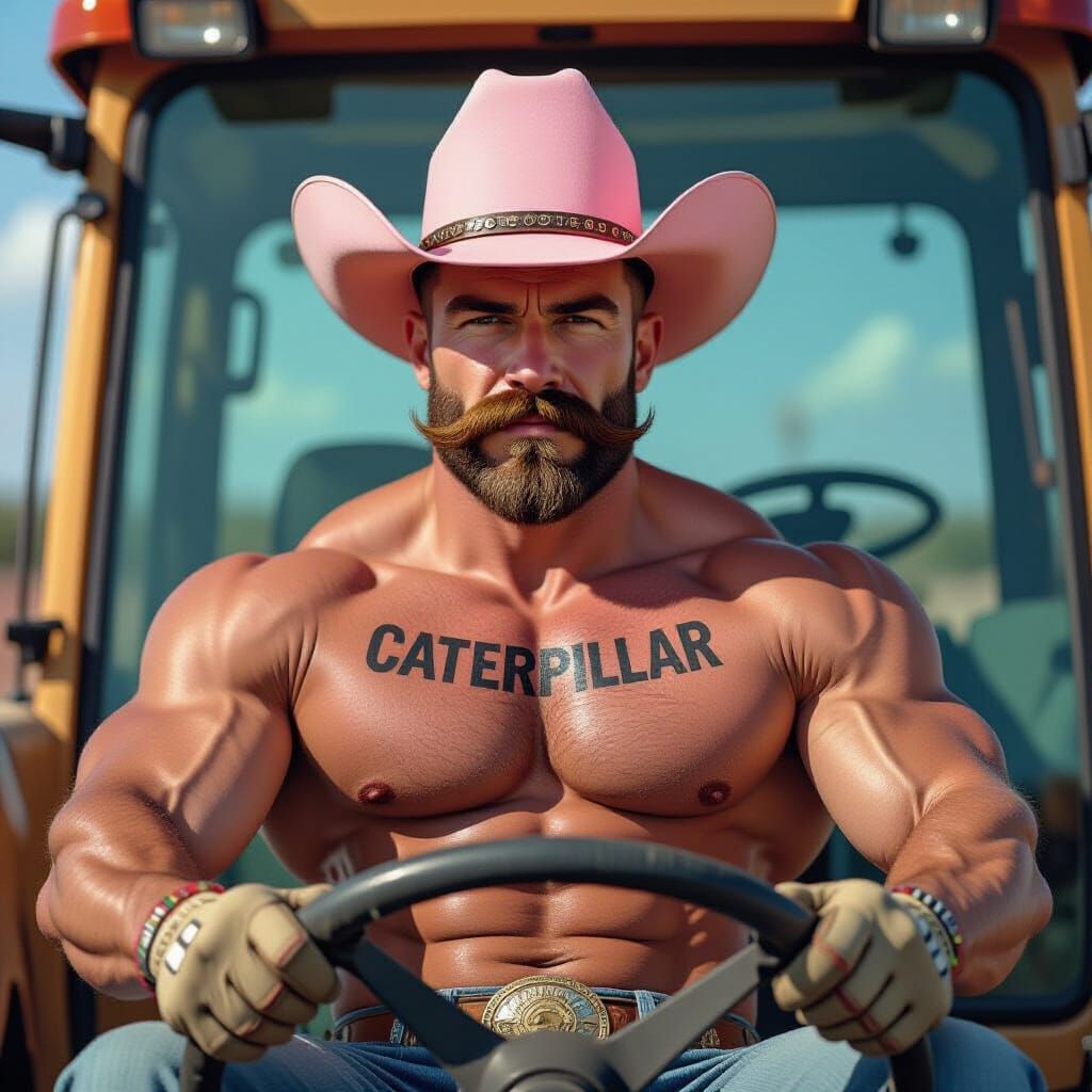 Muscular Man in Cowboy Hat Operates Machine