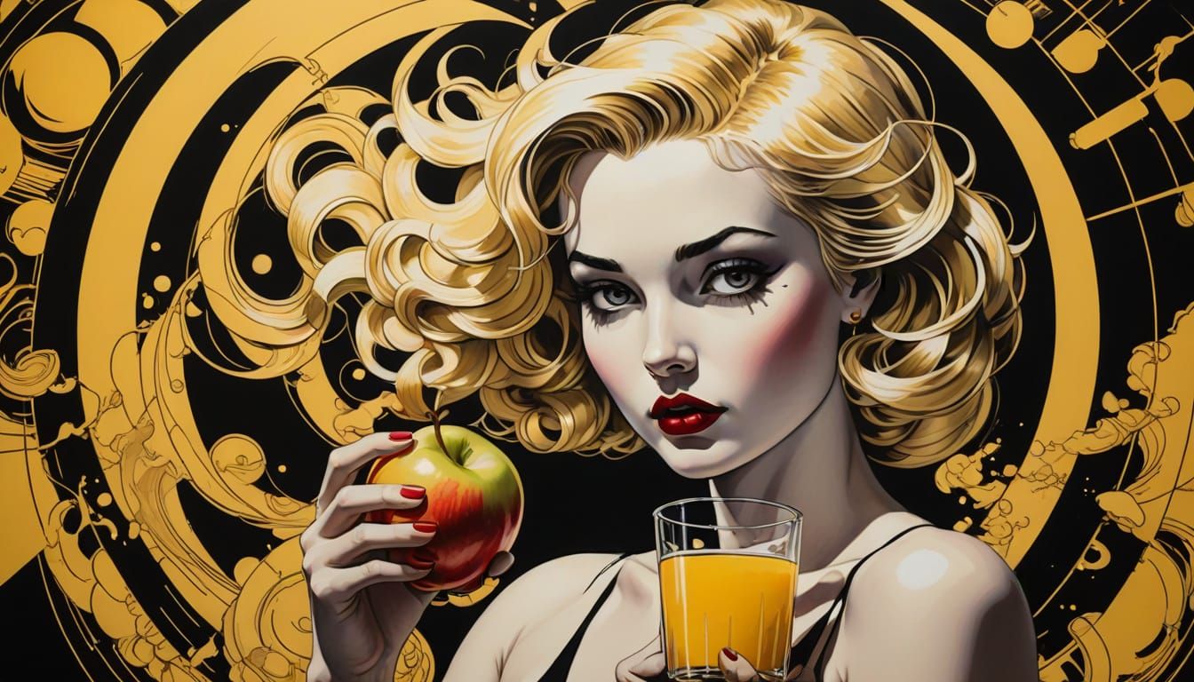 Pop Art Comic Book Style Lady Drinking Apple Juice