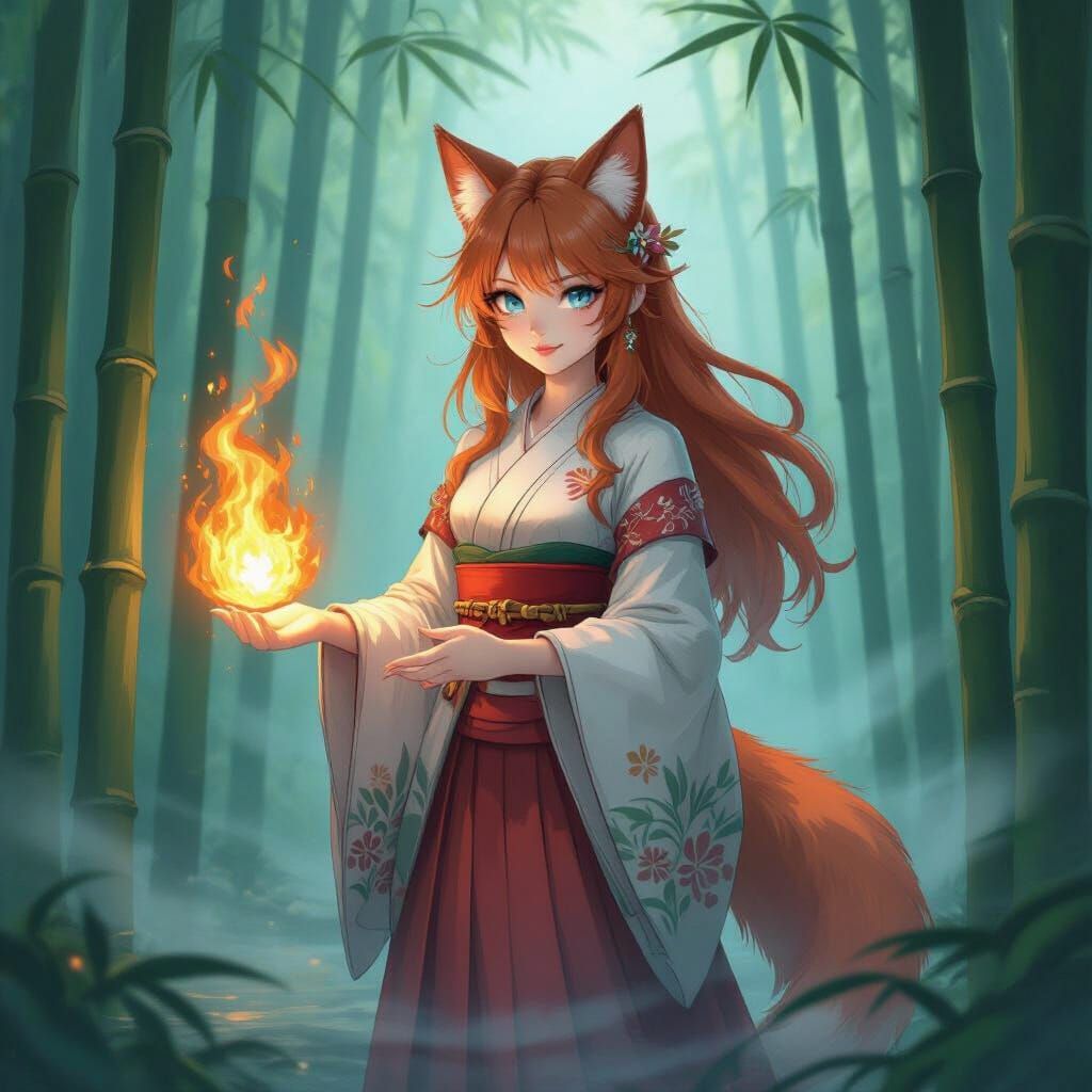 Auburn Haired Shrine Maiden Summoning Fox Fire