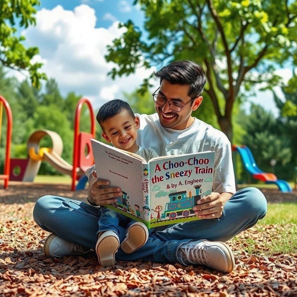 Father Reads to Son in a Lush Park Playground Scene