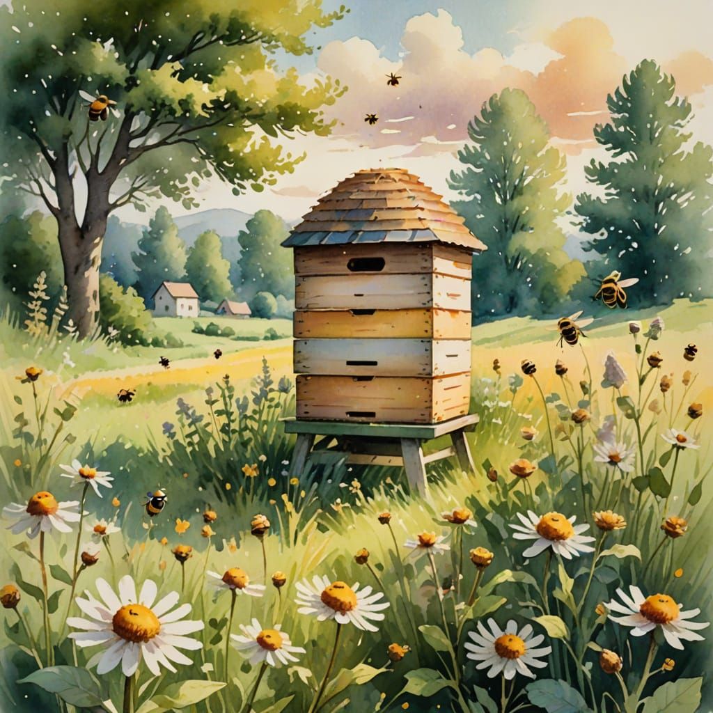Whimsical Watercolor Bees in a Serene Meadow
