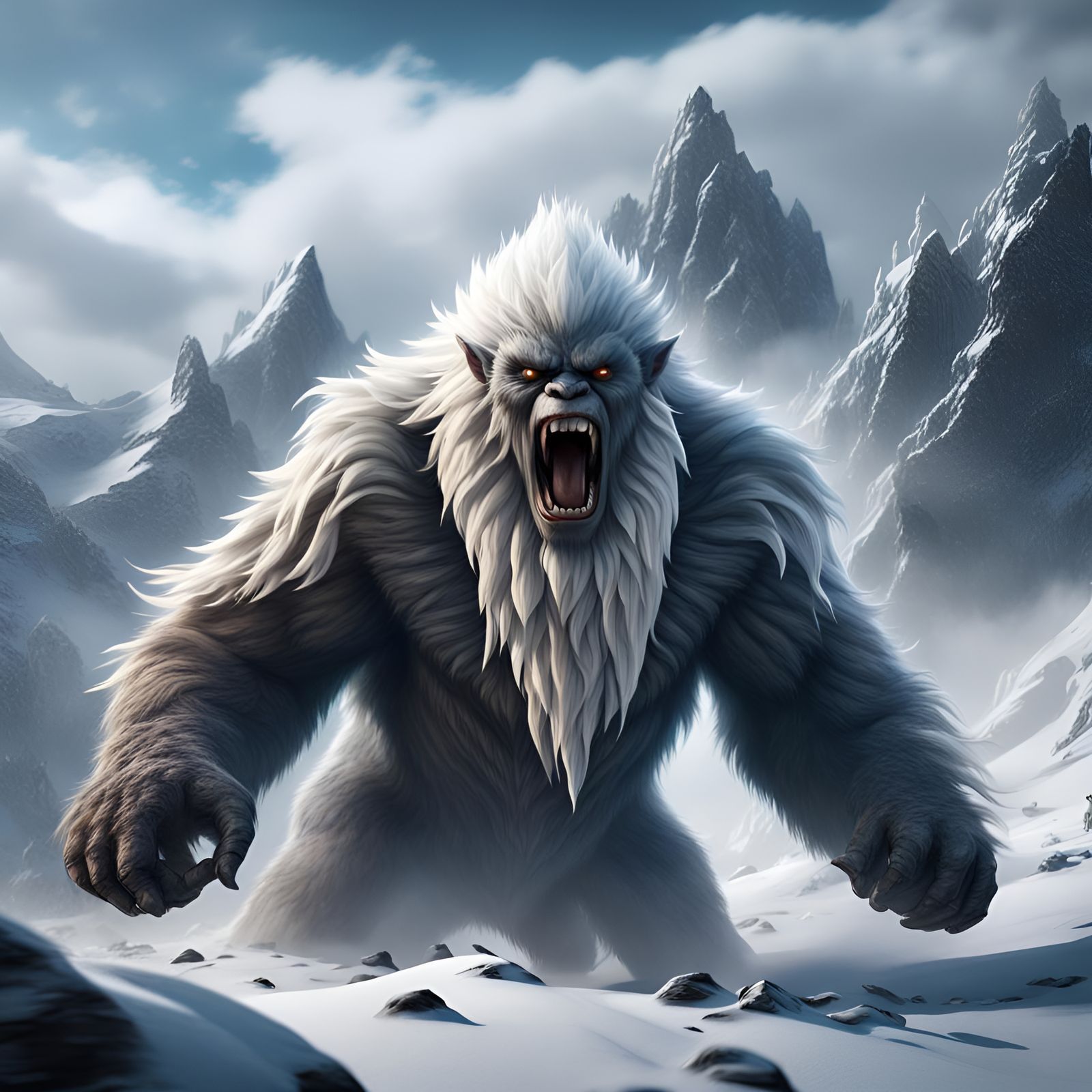 Roaring Yeti in Snowy Mountains: Detailed Matte Painting