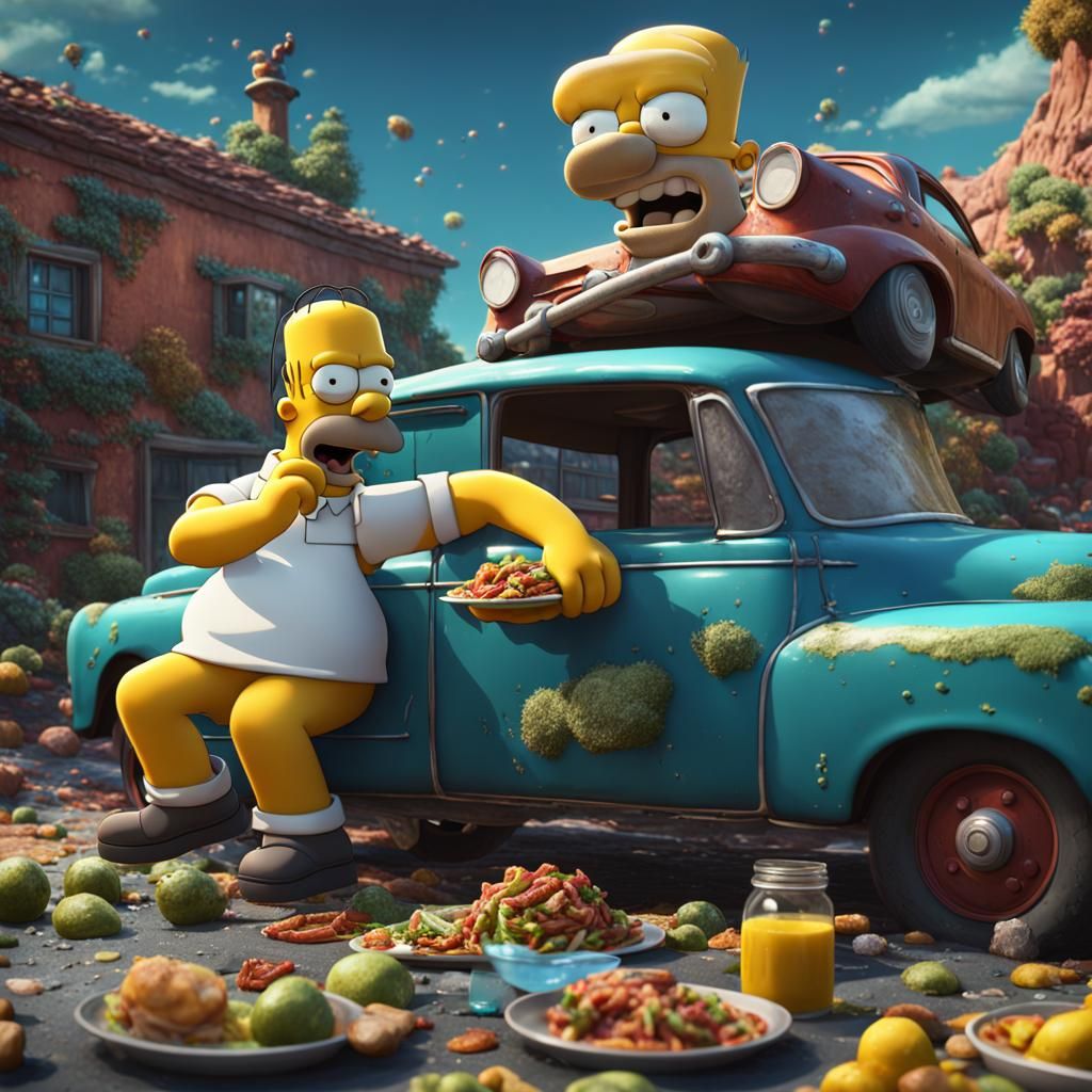 Homer Simpson Eats a Car: 4K Realistic Art