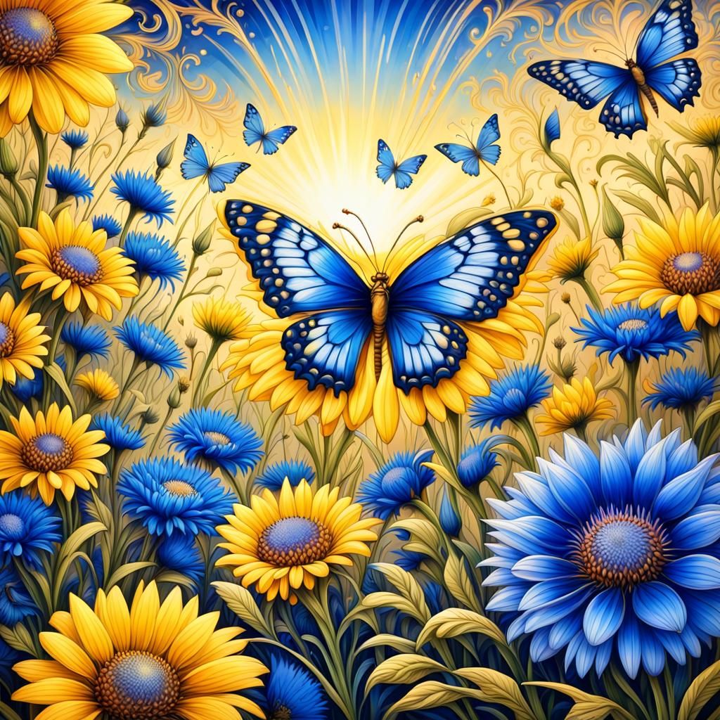 Yellow and Blue Cornflowers with Butterfly
