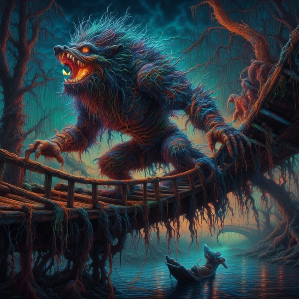 Screaming Creature on Bridge: a Surrealist Oil Painting
