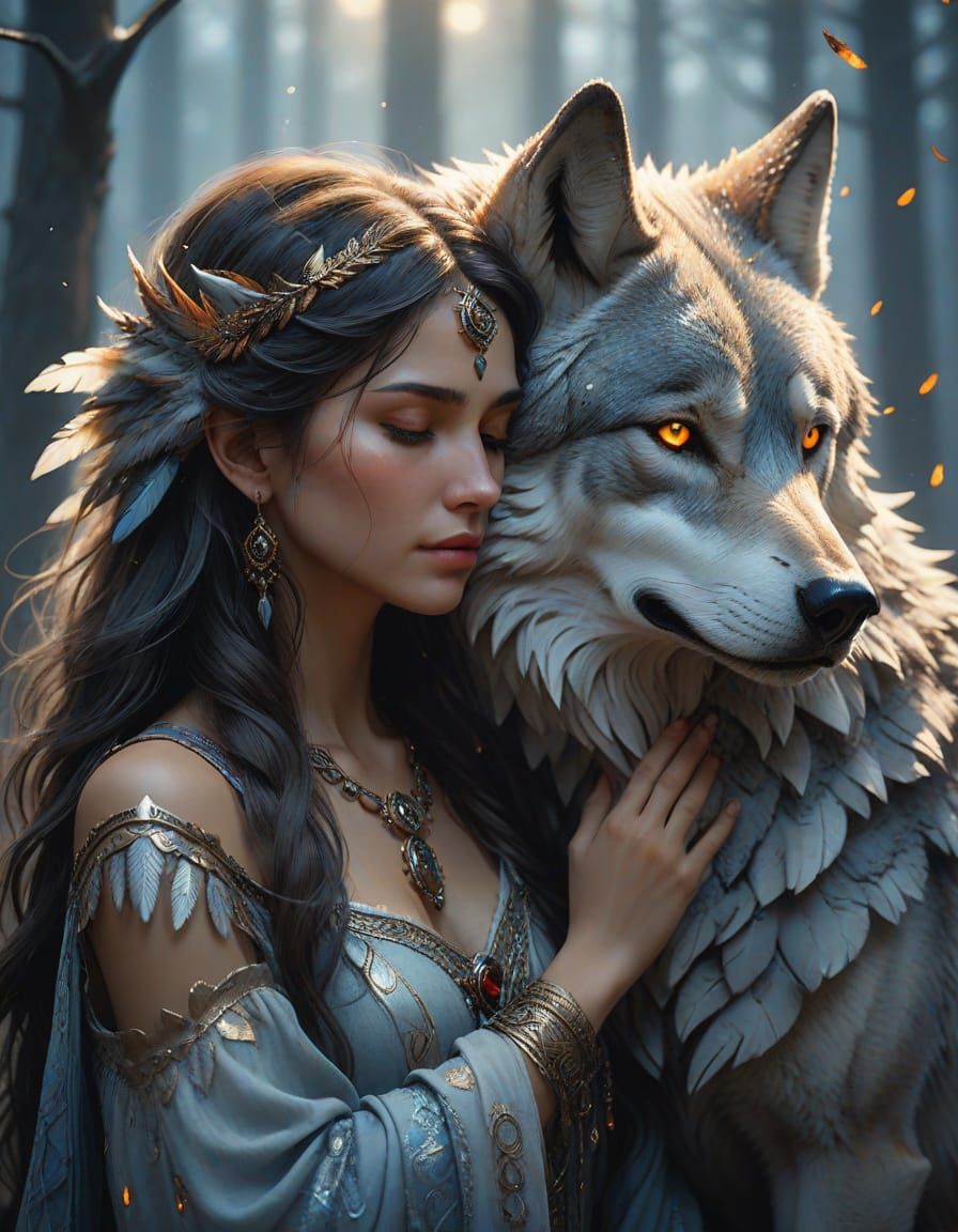 Woman and Wolves Embrace in Misty Forest