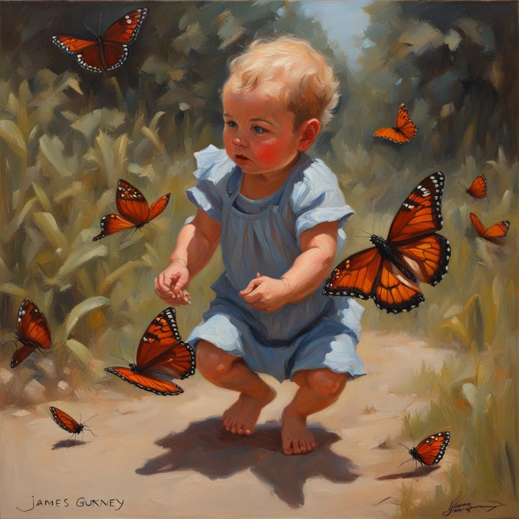 Butterfly Kisses: Oil Painting of Baby