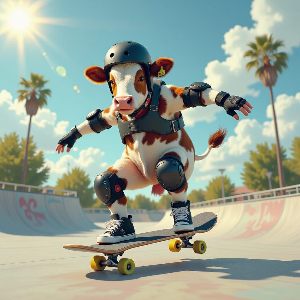 Cow Skateboarder Doing Extreme Tricks in Skatepark