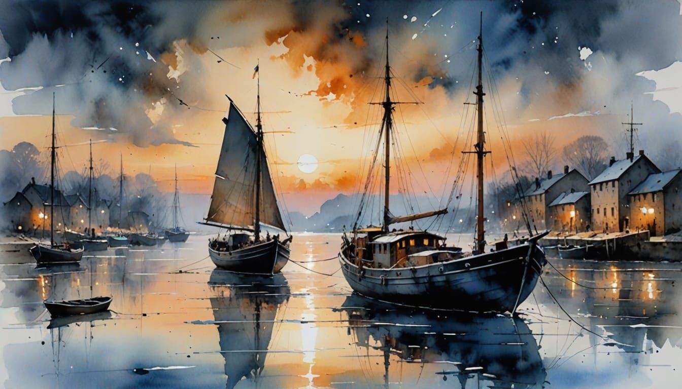 Old Boat at Dock at Sunset: Painterly Realism