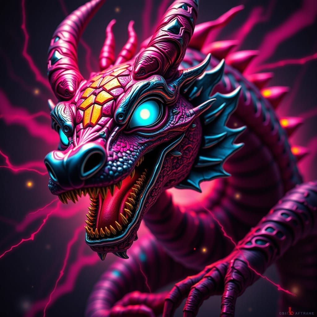 Electric Neon Flying Dragon in Retrofuturistic Chrome Style