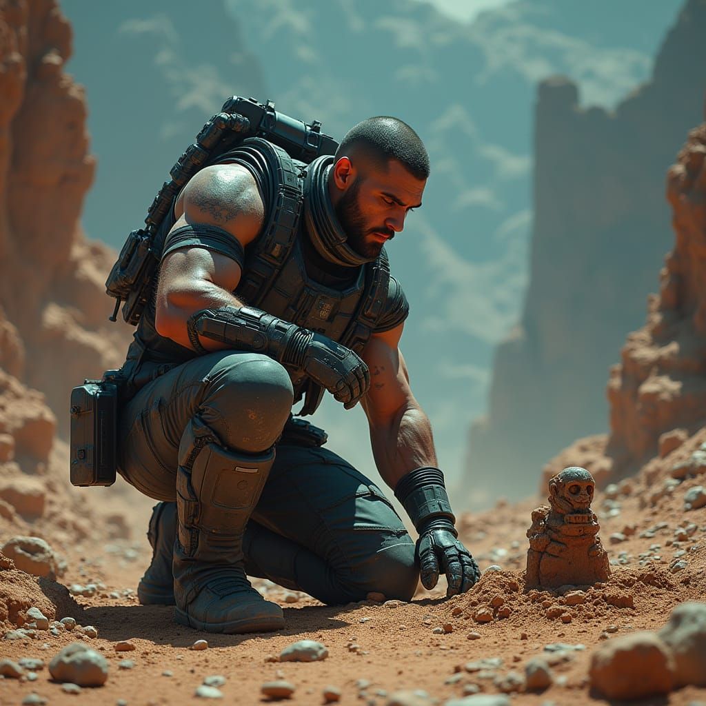 Bodybuilder Archaeologist Excavating Ruins in Cyberpunk Styl...