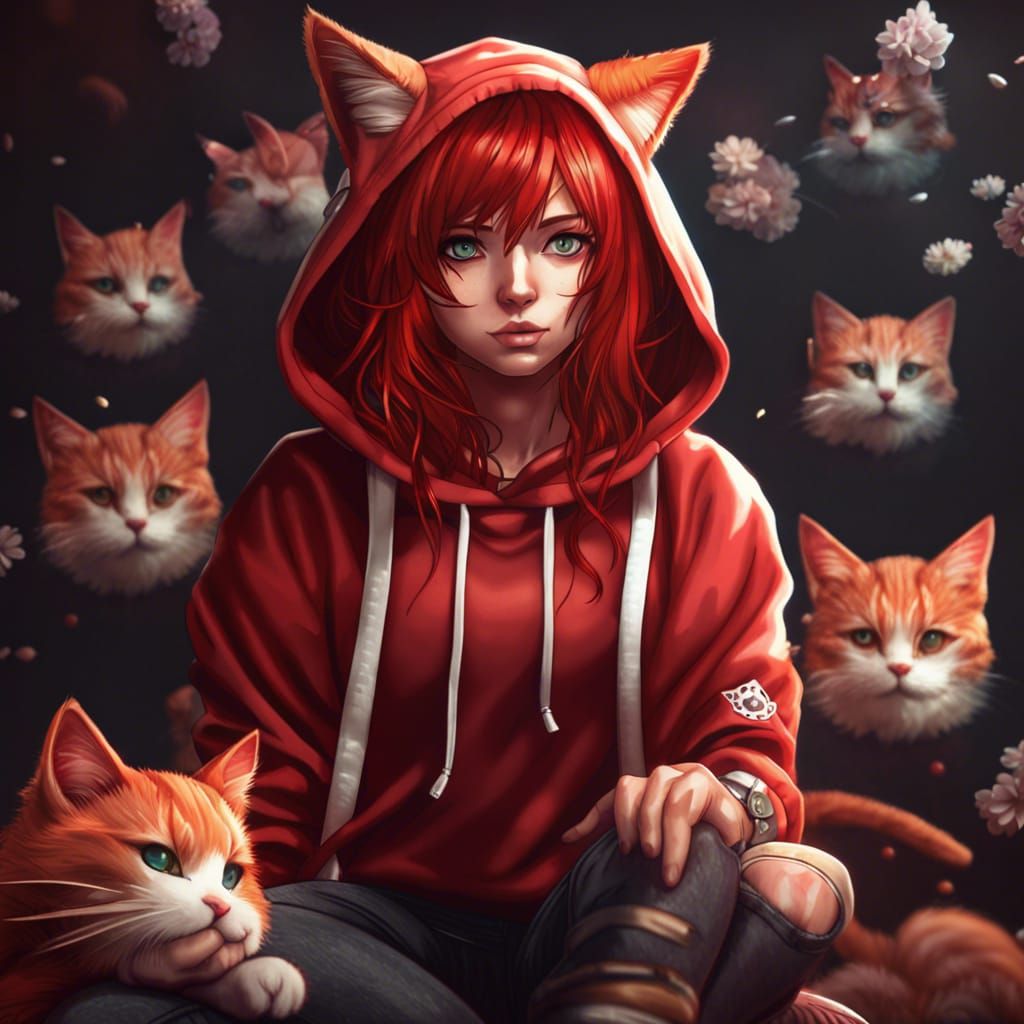 Anime Girl with Red Hair and Cat Ears