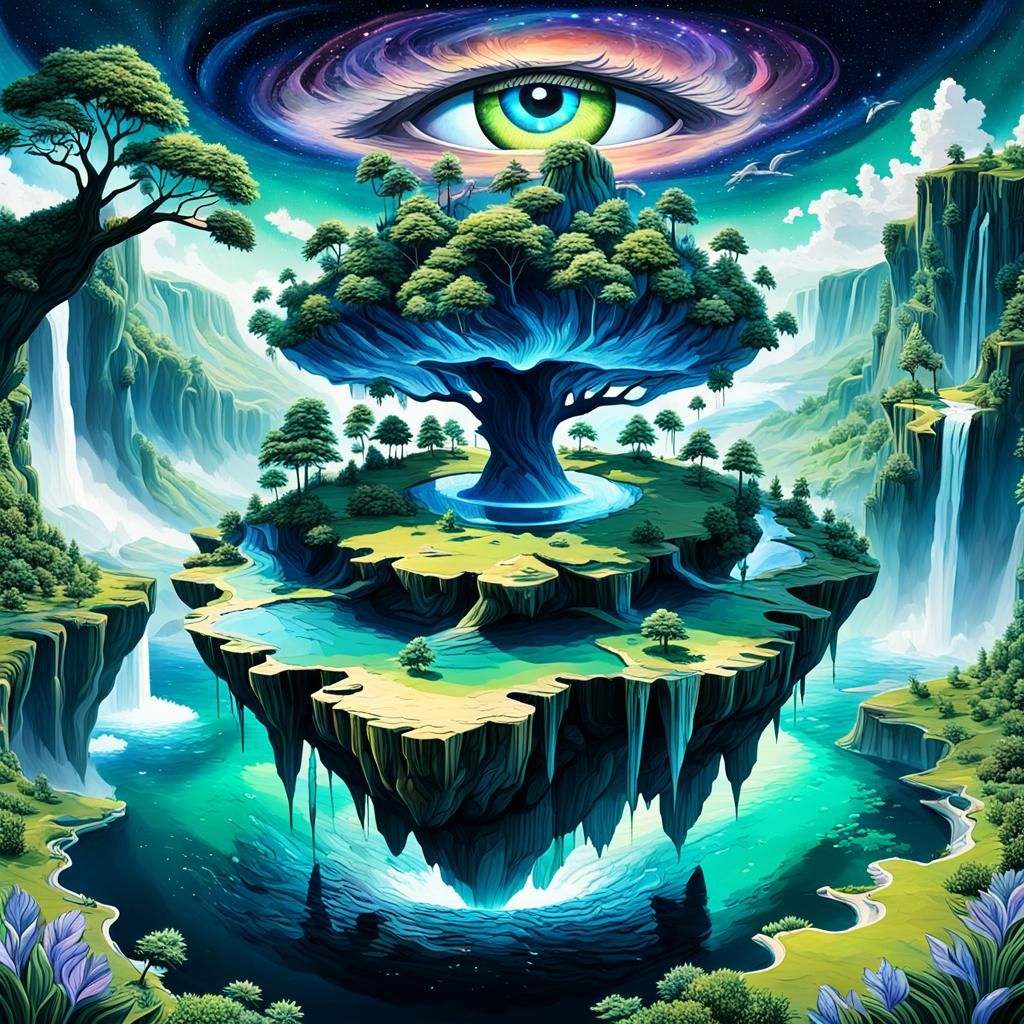 Surreal Floating Island with Giant Eye, as Digital Art