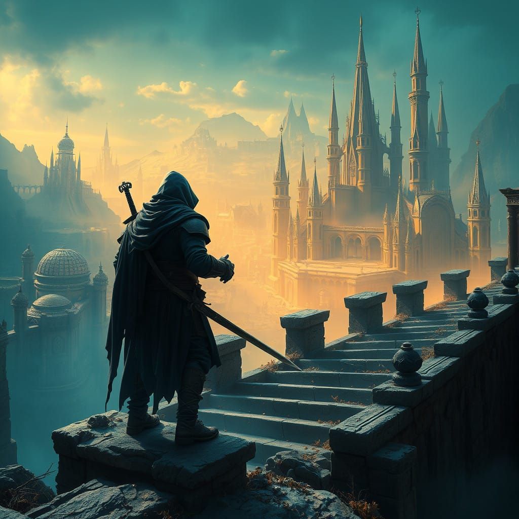 Ethereal Warrior Basks in Ancient Metropolis Glow