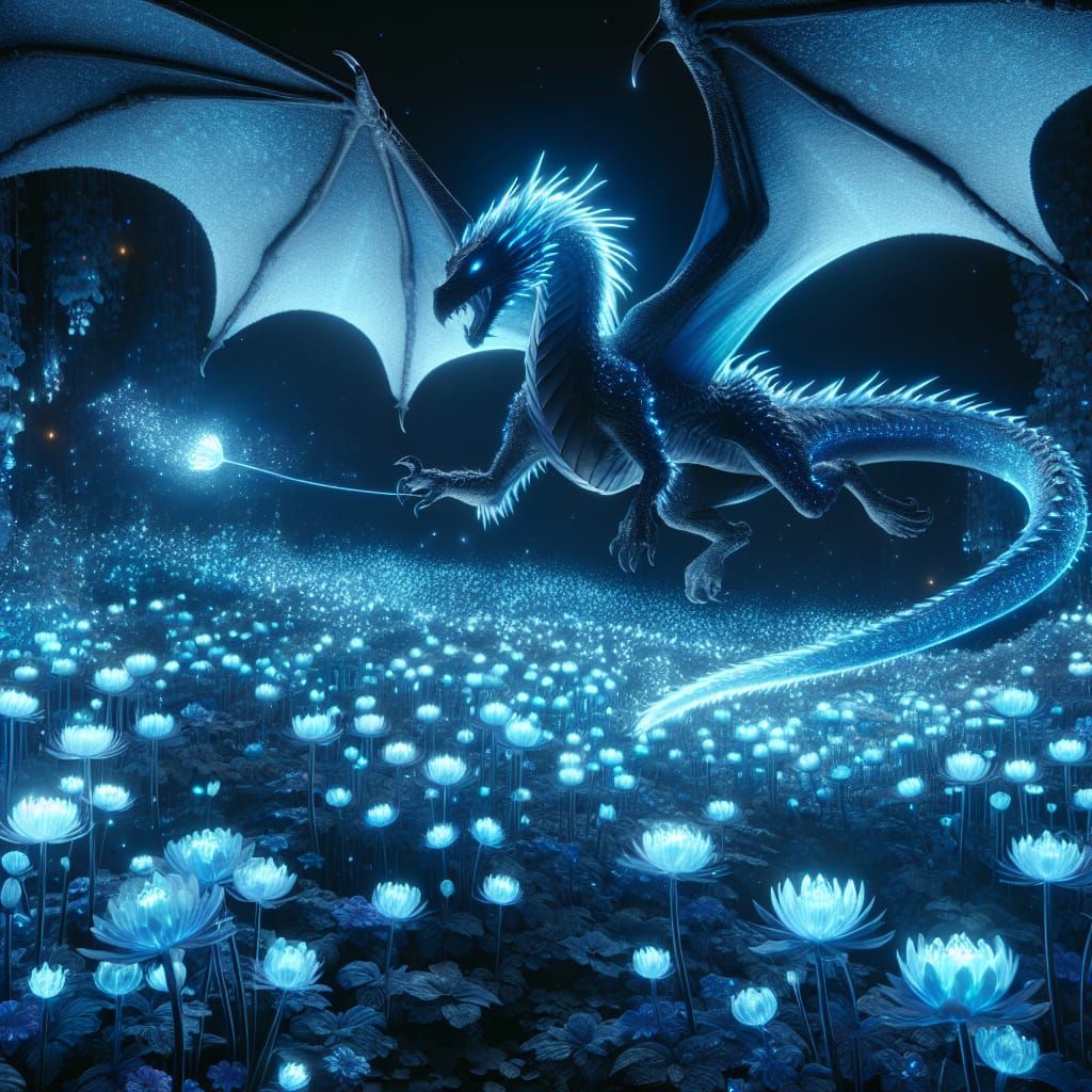 Shimmering Blue Dragon in Bioluminescent Garden