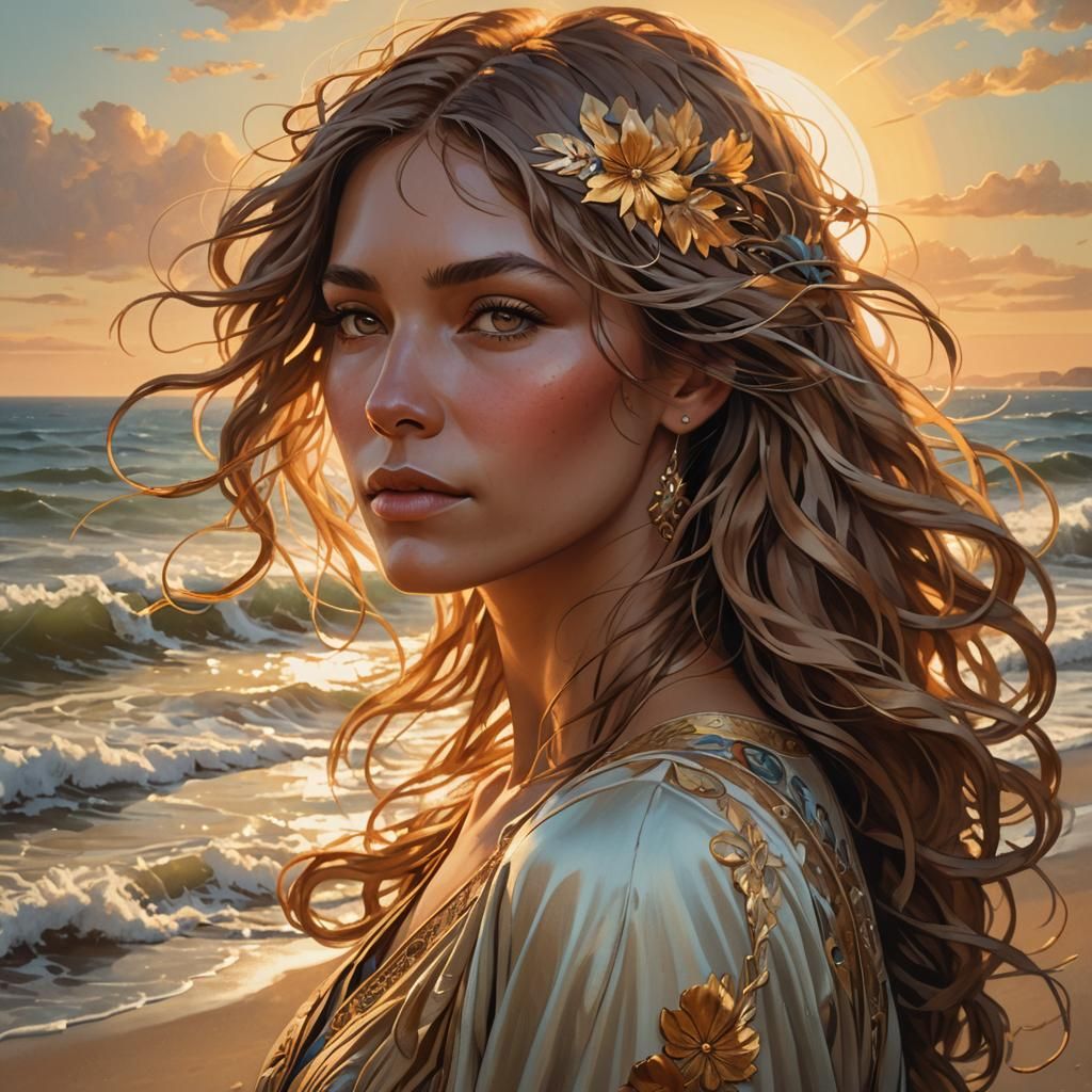 Woman by the Shore in Art Nouveau Style