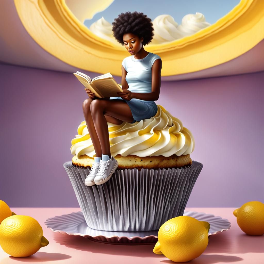 African American Mother and Son Sit on a Giant Lemon Swirled...