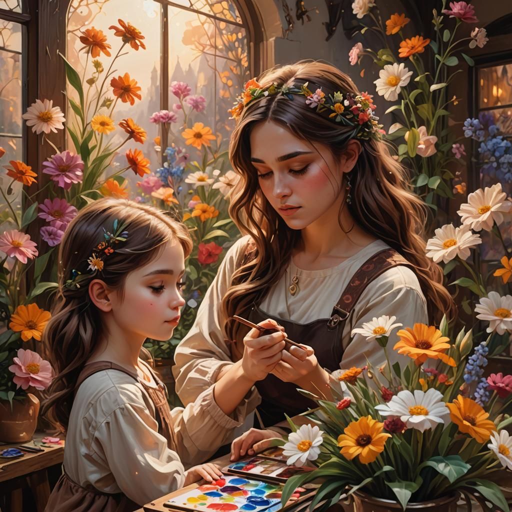 Girl Painting Flowers: Vibrant 3D Art