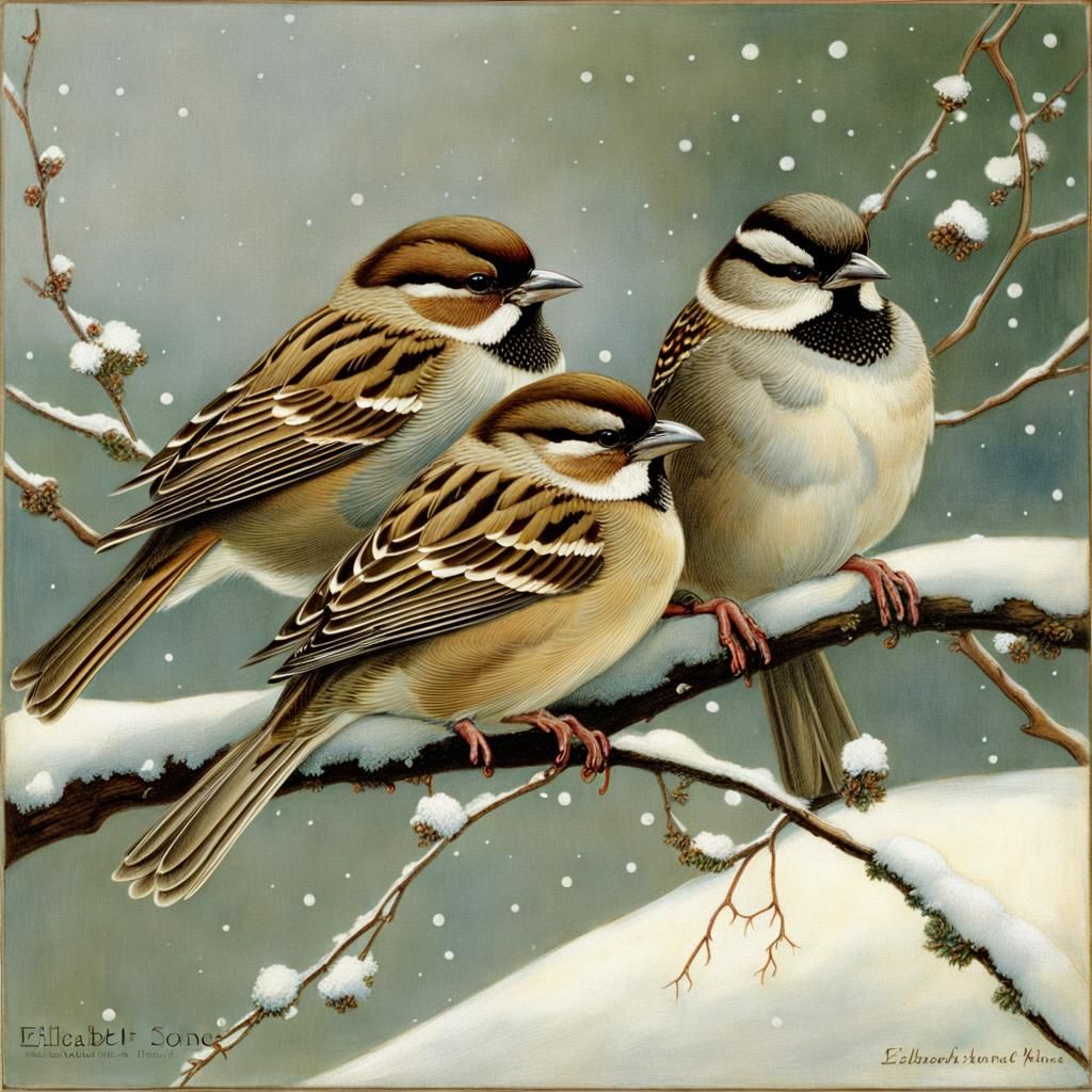 Sleeping Sparrows on Snowy Branch in Sonrel Style