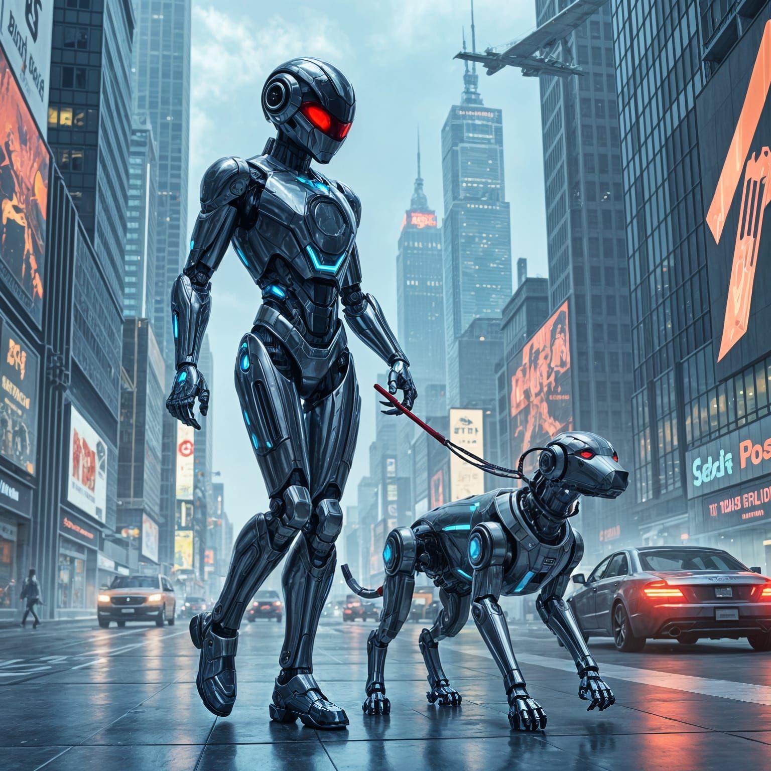 Robot Man Walks Futuristic City with Shiny Robot Dog