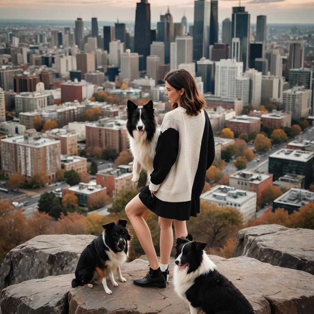 Girl and Border Collie Gazing at Cityscape