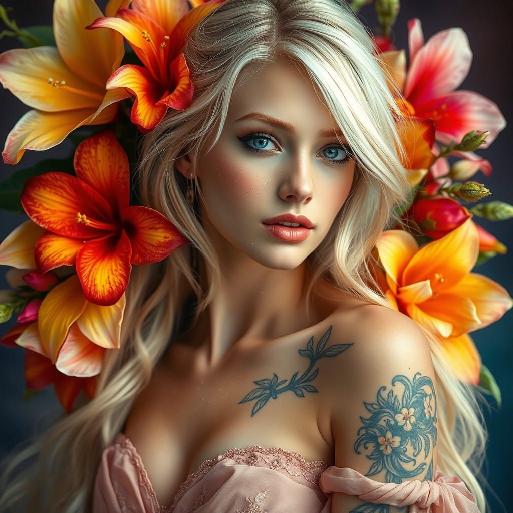 Glowing Goddess in Vibrant Floral Paradise