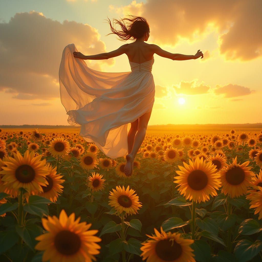 Skydiving Woman in Sunflower Field at Sunset